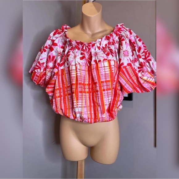 Free People Felicity Linen Blend Off Shoulder Cropped Top Pink Orange Size S - Picture 2 of 4